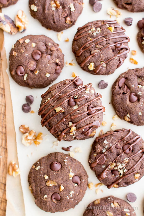 Drizzled Chocolate Walnut Oat Flour Cookies (V, GF, DF): an easy recipe for decadent, double chocolate oat flour cookies soft-baked to perfection. #Vegan #GlutenFree #DairyFree | BeamingBaker.com