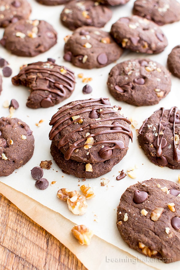Drizzled Chocolate Walnut Oat Flour Cookies (V, GF, DF): an easy recipe for decadent, double chocolate oat flour cookies soft-baked to perfection. #Vegan #GlutenFree #DairyFree | BeamingBaker.com