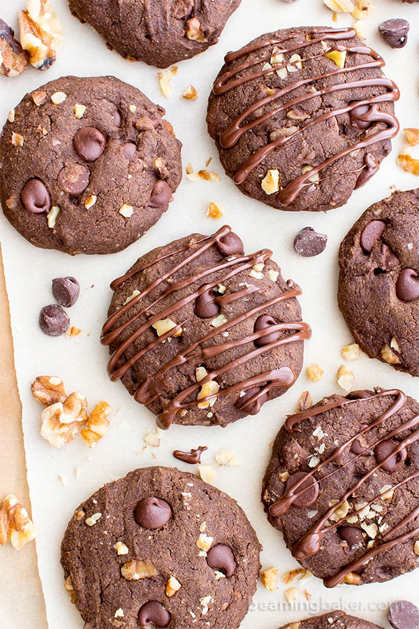 Drizzled Chocolate Walnut Oat Flour Cookies (V, GF, DF): an easy recipe for decadent, double chocolate oat flour cookies soft-baked to perfection. #Vegan #GlutenFree #DairyFree | BeamingBaker.com