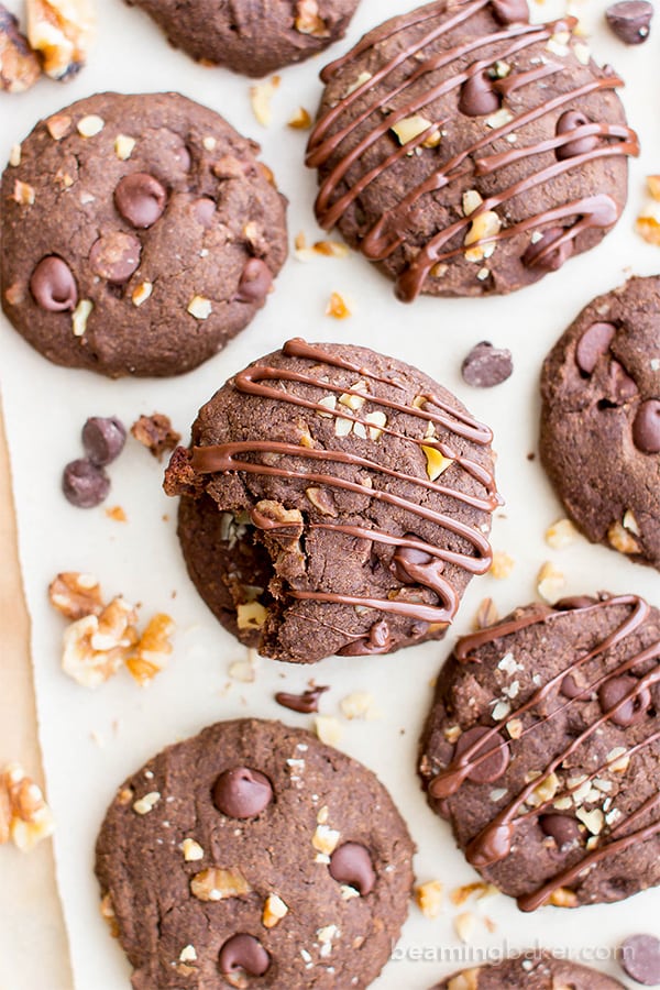 Drizzled Chocolate Walnut Oat Flour Cookies (V, GF, DF): an easy recipe for decadent, double chocolate oat flour cookies soft-baked to perfection. #Vegan #GlutenFree #DairyFree | BeamingBaker.com