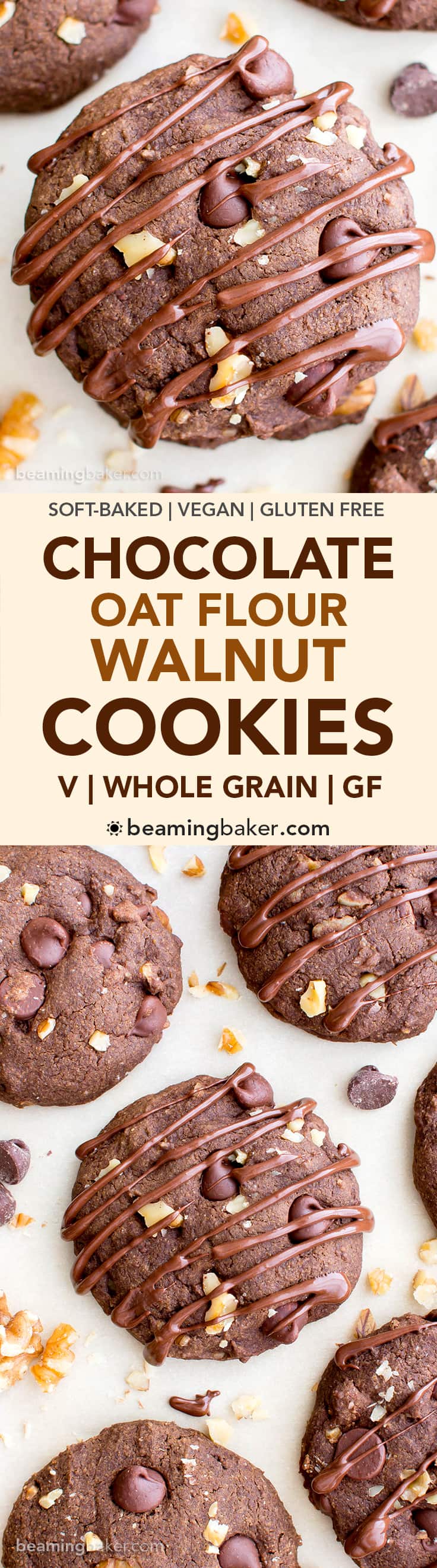 Drizzled Chocolate Walnut Oat Flour Cookies (V, GF, DF): an easy recipe for decadent, double chocolate oat flour cookies soft-baked to perfection. #Vegan #GlutenFree #DairyFree | BeamingBaker.com