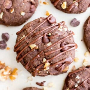 Drizzled Chocolate Walnut Oat Flour Cookies (V, GF, DF): an easy recipe for decadent, double chocolate oat flour cookies soft-baked to perfection. #Vegan #GlutenFree #DairyFree | BeamingBaker.com