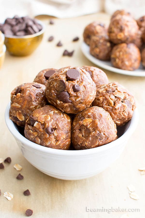 No Bake Double Chocolate Peanut Butter Coconut Energy Bites (V, GF): an easy, one bowl recipe for deliciously protein-packed chocolate peanut butter energy bites. #Vegan #GlutenFree #DairyFree | BeamingBaker.com
