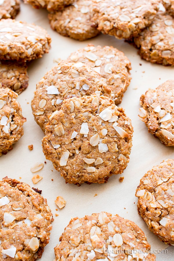 Peanut Butter Coconut Oatmeal Cookies (V, GF): an easy recipe for deliciously thick, chewy peanut butter cookies bursting with coconut and oats. #Vegan #GlutenFree #WholeGrain #OatFlour #DairyFree | BeamingBaker.com