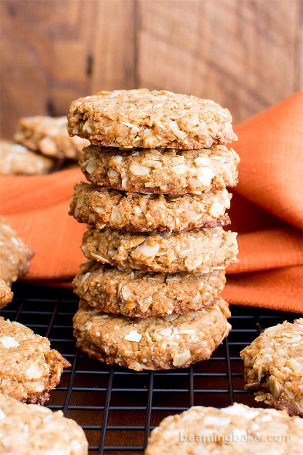 Peanut Butter Coconut Oatmeal Cookies (V, GF): an easy recipe for deliciously thick, chewy peanut butter cookies bursting with coconut and oats. #Vegan #GlutenFree #WholeGrain #OatFlour #DairyFree | BeamingBaker.com