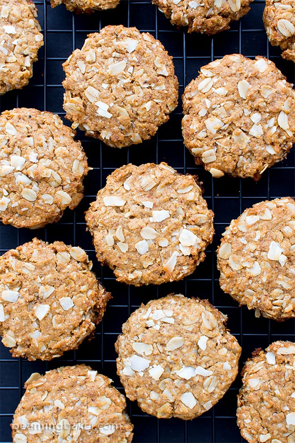 Peanut Butter Coconut Oatmeal Cookies (V, GF): an easy recipe for deliciously thick, chewy peanut butter cookies bursting with coconut and oats. #Vegan #GlutenFree #WholeGrain #OatFlour #DairyFree | BeamingBaker.com
