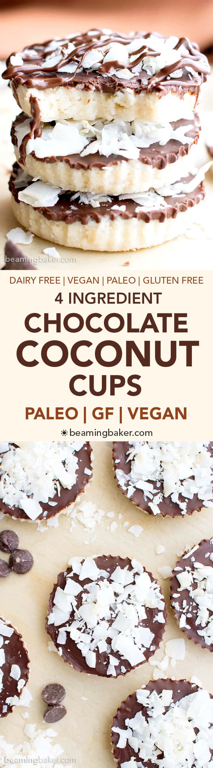 4 Ingredient Paleo Chocolate Coconut Cups (V, GF, Paleo): a 4-ingredient recipe for delicious coconut-filled homemade Mounds cups. #Vegan #GlutenFree #Paleo #DairyFree | BeamingBaker.com
