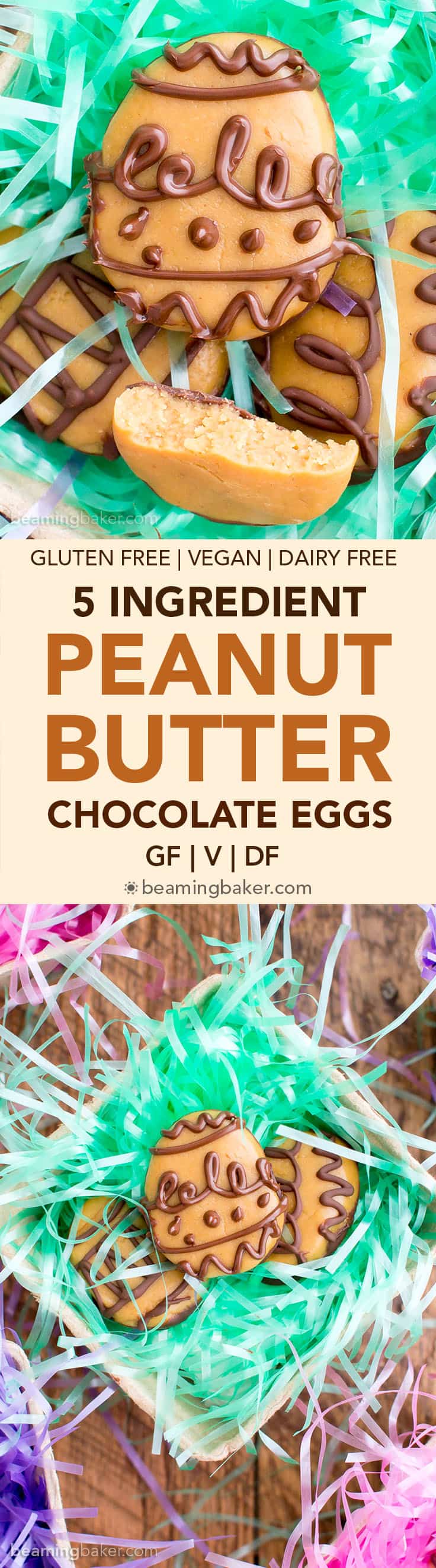 5 Ingredient Chocolate Peanut Butter Eggs (V, GF): a 5-ingredient, no bake recipe for decadent chocolate peanut butter eggs that taste like Reese’s. #Vegan #GlutenFree #DairyFree | BeamingBaker.com