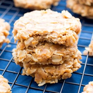 3 Ingredient No Bake Peanut Butter Oatmeal Cookies (V, GF, DF): a one bowl recipe for deliciously soft and chewy peanut butter cookies bursting with oats. #Vegan #GlutenFree #DairyFree | BeamingBaker.com
