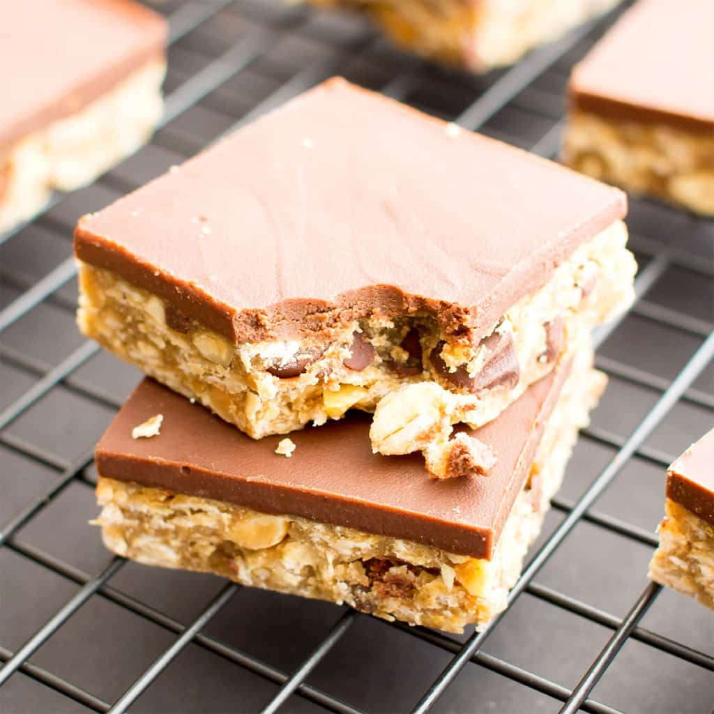 No Bake Chocolate Peanut Butter Oatmeal Cookie Dough Bars (Vegan