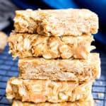 3 Ingredient No Bake Peanut Butter Granola Bars (GF): this homemade peanut butter granola bars recipe so EASY! The best oatmeal peanut butter granola bars recipe without honey, that taste like honey roasted peanuts. Healthy, Vegan, Gluten Free. #PeanutButter #GranolaBars #NoBake #Oatmeal | Recipe at BeamingBaker.com