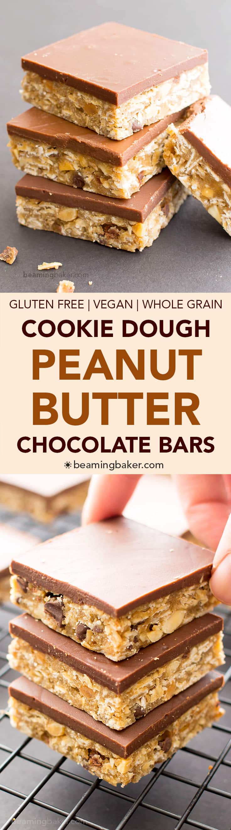 No Bake Chocolate Peanut Butter Oatmeal Cookie Dough Bars (V, GF, DF): an easy recipe for decadent peanut butter cookie dough bars topped with a thick layer of chocolate and bursting with oats. #Vegan #GlutenFree #OatFlour #DairyFree | BeamingBaker.com