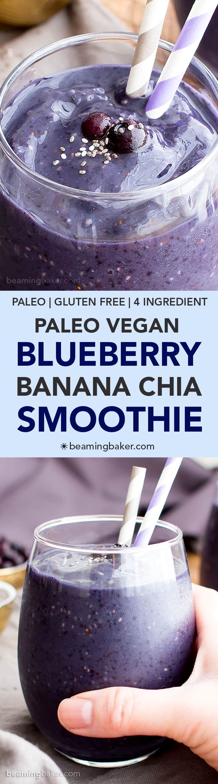 Paleo Blueberry Banana Chia Smoothie (V, GF, Paleo): a 4-ingredient recipe for antioxidant-rich and refreshing blueberry banana chia smoothies. #Vegan #GlutenFree #DairyFree | BeamingBaker.com