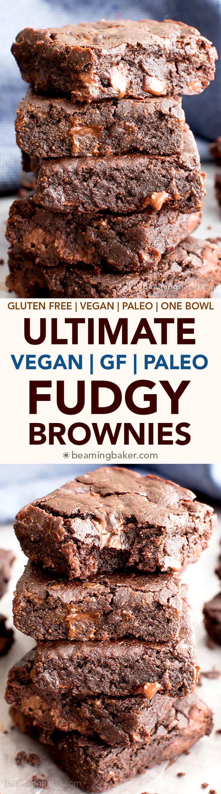 Ultimate Fudgy Paleo Vegan Brownies Recipe (GF): ultra-moist, deep chocolate flavor, fudgy, gooey YUM—the BEST paleo brownies recipe! Made with almond flour, Gluten Free, Vegan, Grain-Free. #Paleo #Brownies #Vegan #Fudgy | Recipe at BeamingBaker.com