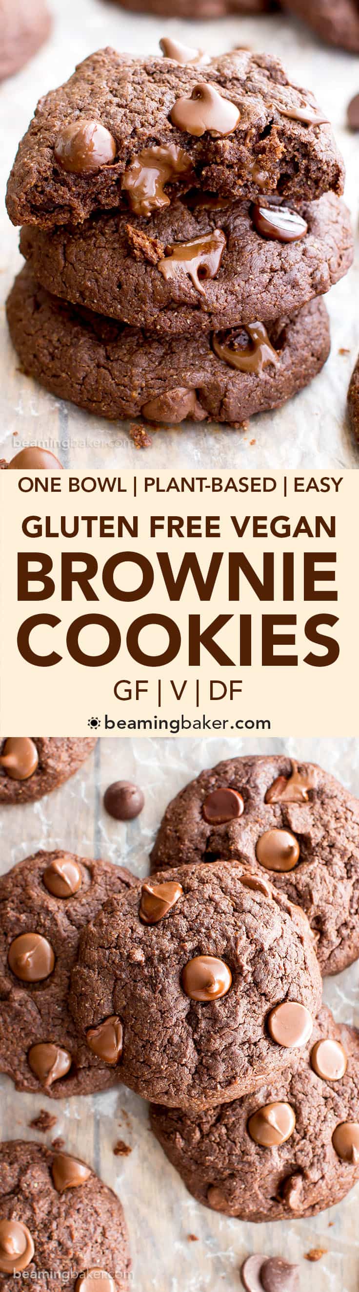 Vegan Chocolate Brownie Cookies (GF, V, DF): a one bowl recipe for soft, thick, chewy cookies that taste just like a rich, chocolate brownie! #Vegan #GlutenFree #OatFlour #DairyFree | BeamingBaker.com