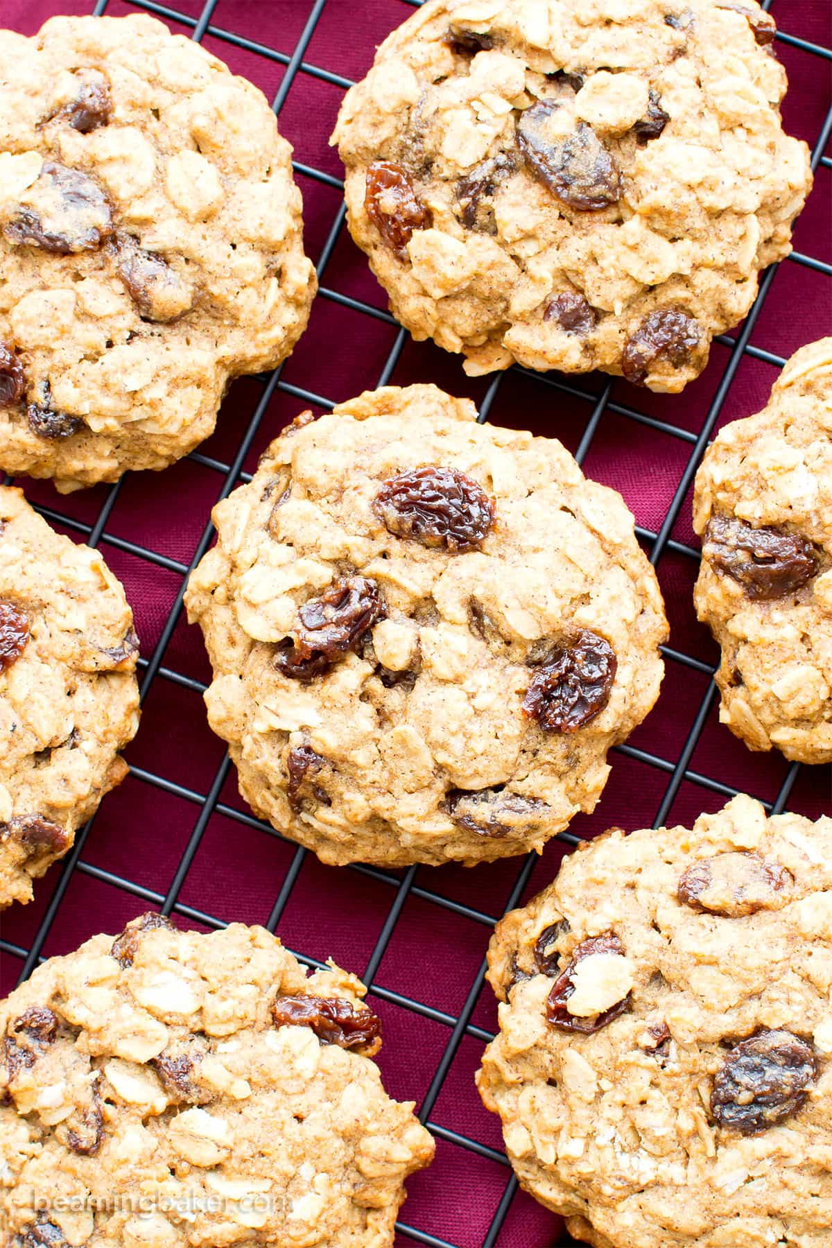 Easy Gluten Free Vegan Oatmeal Raisin Cookies (V, GF, DF): an easy recipe for soft and chewy oatmeal cookies bursting with juicy raisins. #Vegan #GlutenFree #DairyFree #OatFlour | BeamingBaker.com