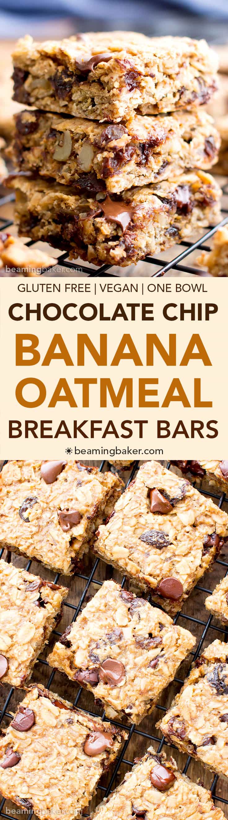 Gluten Free Banana Chocolate Chip Oatmeal Breakfast Bars (V, GF): a one bowl recipe for simply delicious banana breakfast bars packed with your favorites for a good morning! #Vegan #GlutenFree #DairyFree | BeamingBaker.com