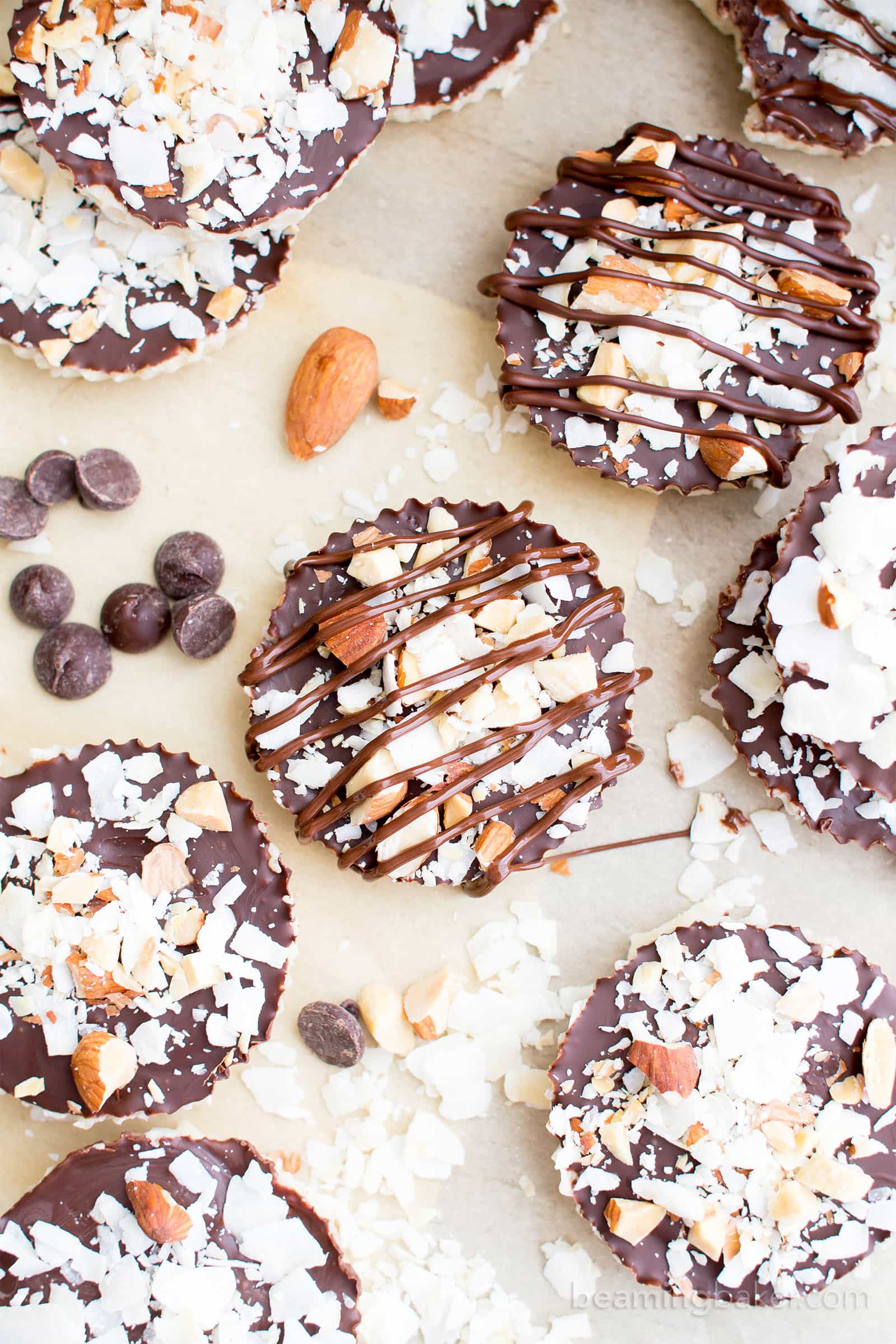 Homemade Almond Joy Cups (Paleo, V, GF): a 5-ingredient recipe for rich, nutty Almond Joy cups layered in velvety chocolate. #Paleo #Vegan #GlutenFree #5Ingredient | BeamingBaker.com