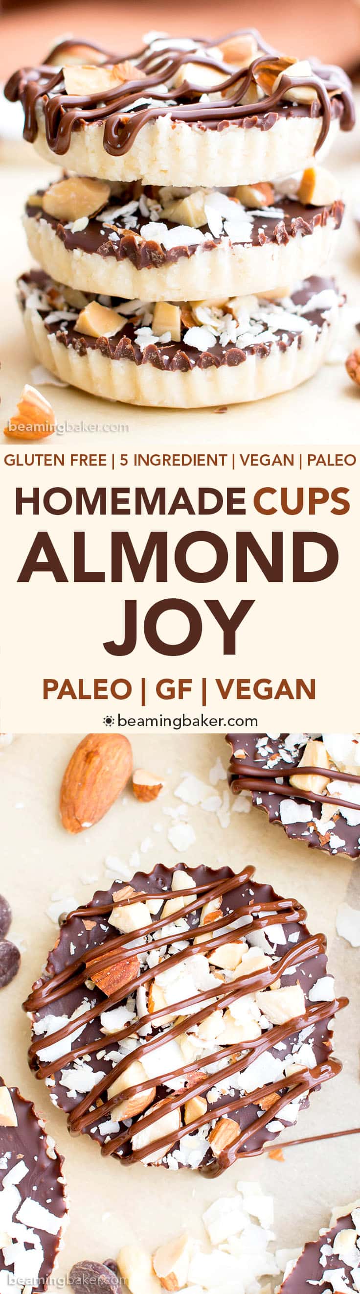 Homemade Almond Joy Cups (Paleo, V, GF): a 5-ingredient recipe for rich, nutty Almond Joy cups layered in velvety chocolate. #Paleo #Vegan #GlutenFree #5Ingredient | BeamingBaker.com