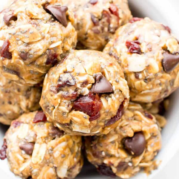 No Bake Cherry Chocolate Chip Chia Energy Bites (V, GF): a one bowl recipe for sweetly tart cherry chocolate chip energy bites packed with whole ingredient, energy-boosting yum! #Vegan #GlutenFree #OneBowl #ProteinRich | BeamingBaker.com