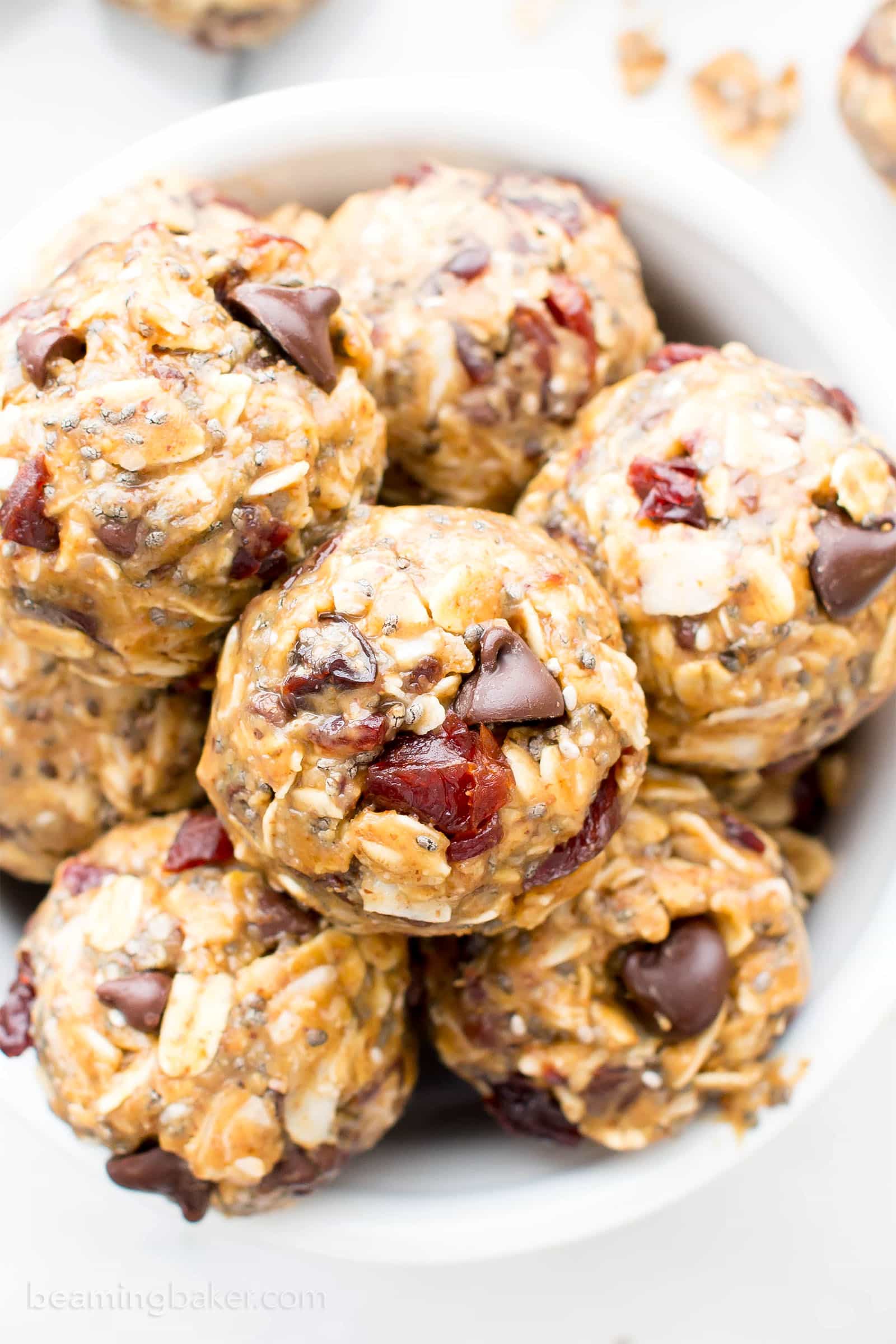 No Bake Cherry Chocolate Chip Chia Energy Bites (V, GF): a one bowl recipe for sweetly tart cherry chocolate chip energy bites packed with whole ingredient, energy-boosting yum! #Vegan #GlutenFree #OneBowl #ProteinRich | BeamingBaker.com