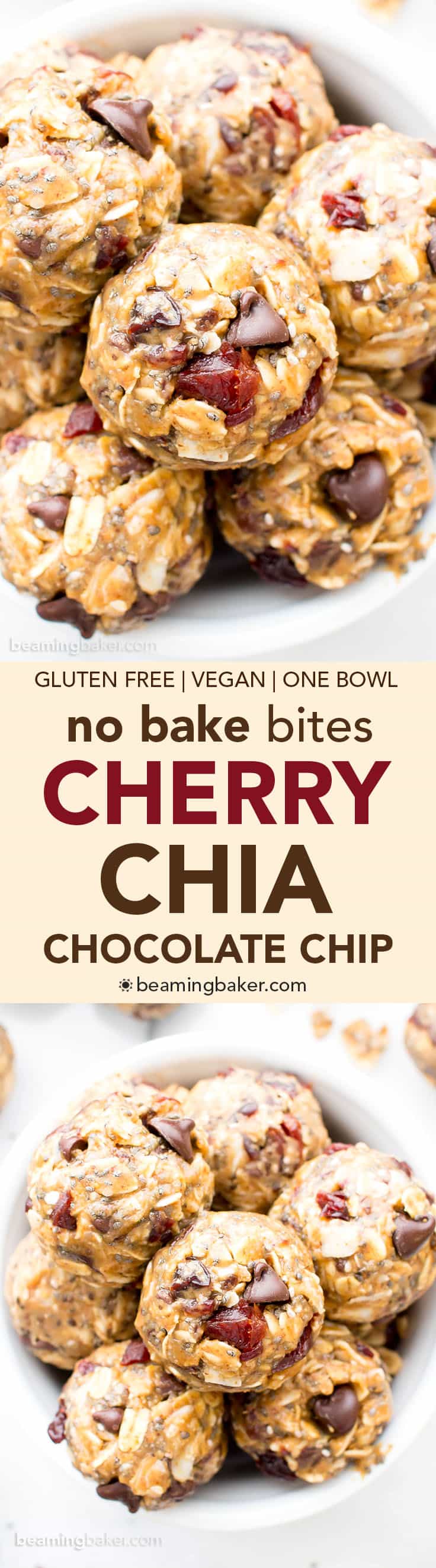 No Bake Cherry Chocolate Chip Chia Energy Bites (V, GF): a one bowl recipe for sweetly tart cherry chocolate chip energy bites packed with whole ingredient, energy-boosting yum! #Vegan #GlutenFree #OneBowl #ProteinRich | BeamingBaker.com