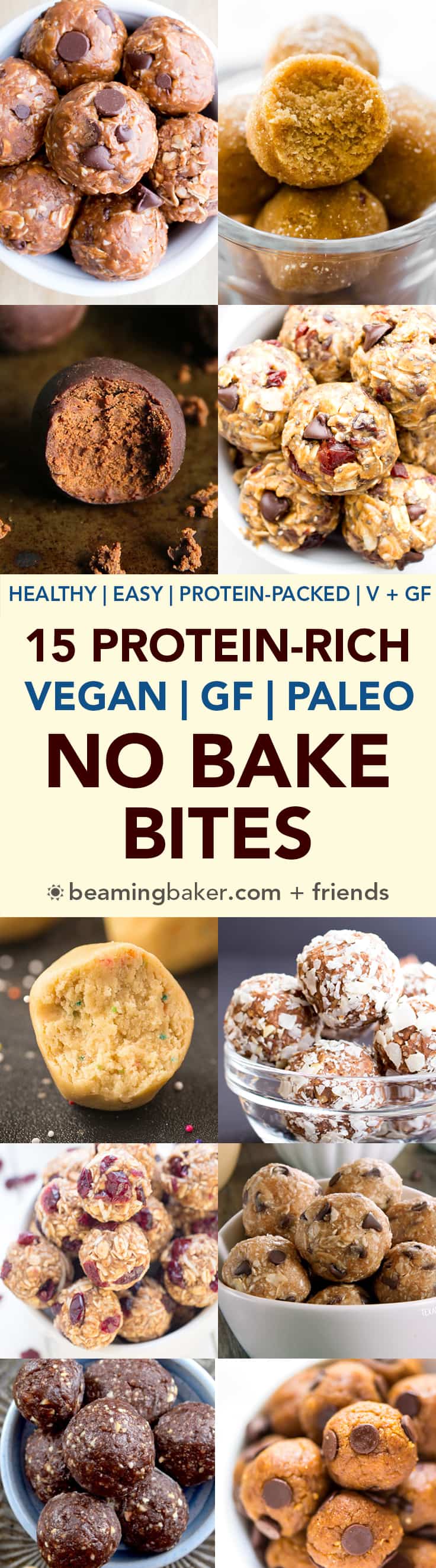 15 Healthy Protein-Packed No Bake Energy Bite Recipes (V, GF): a tasty collection of protein-rich no bake bites made with whole ingredients. #Paleo #Vegan #GlutenFree #DairyFree | BeamingBaker.com