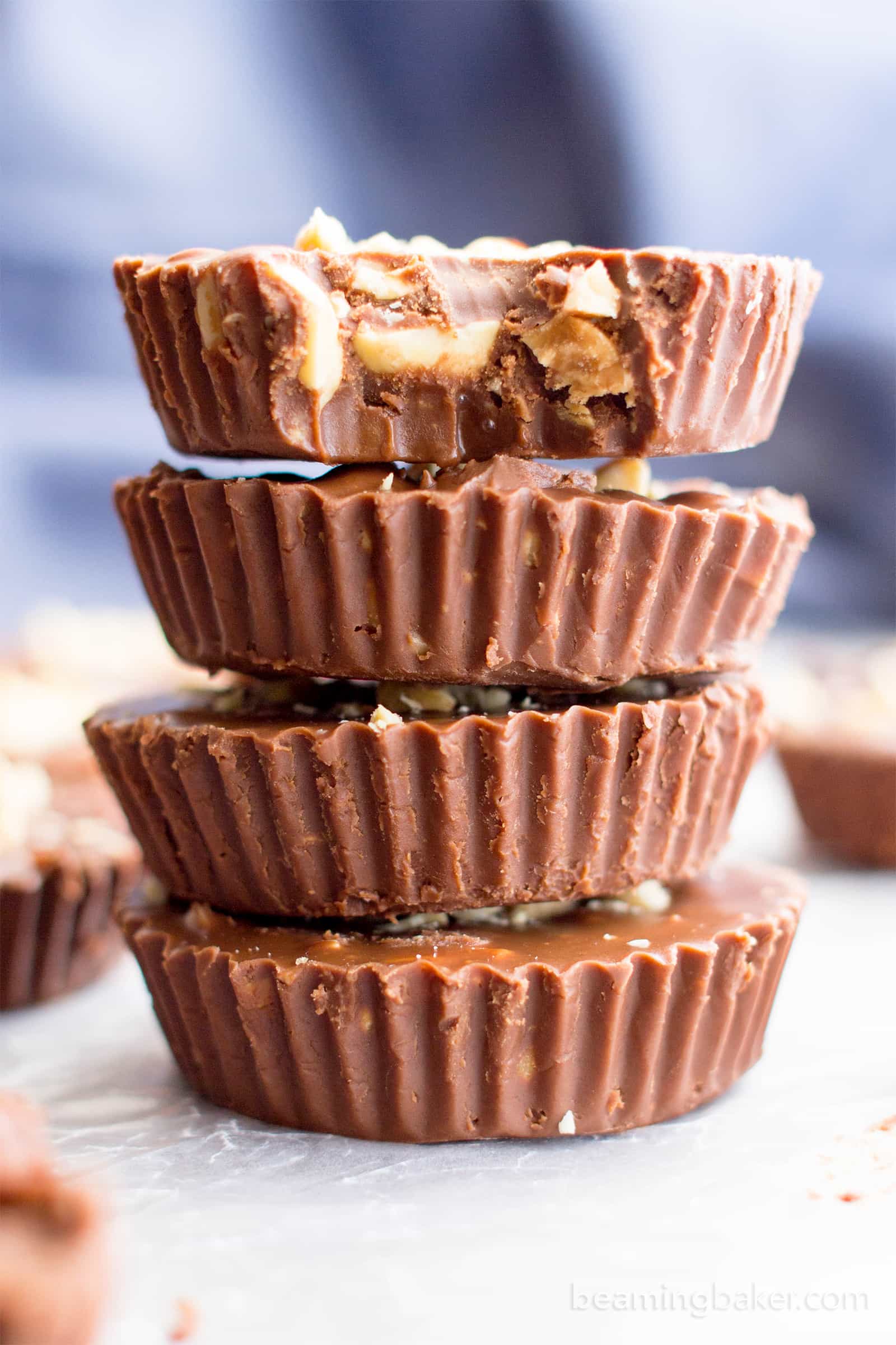 3 Ingredient Chocolate Peanut Butter Fudge Cups (V, GF): an easy, one bowl recipe for deliciously thick fudge cups bursting with peanut butter YUM. #Vegan #GlutenFree #DairyFree | BeamingBaker.com