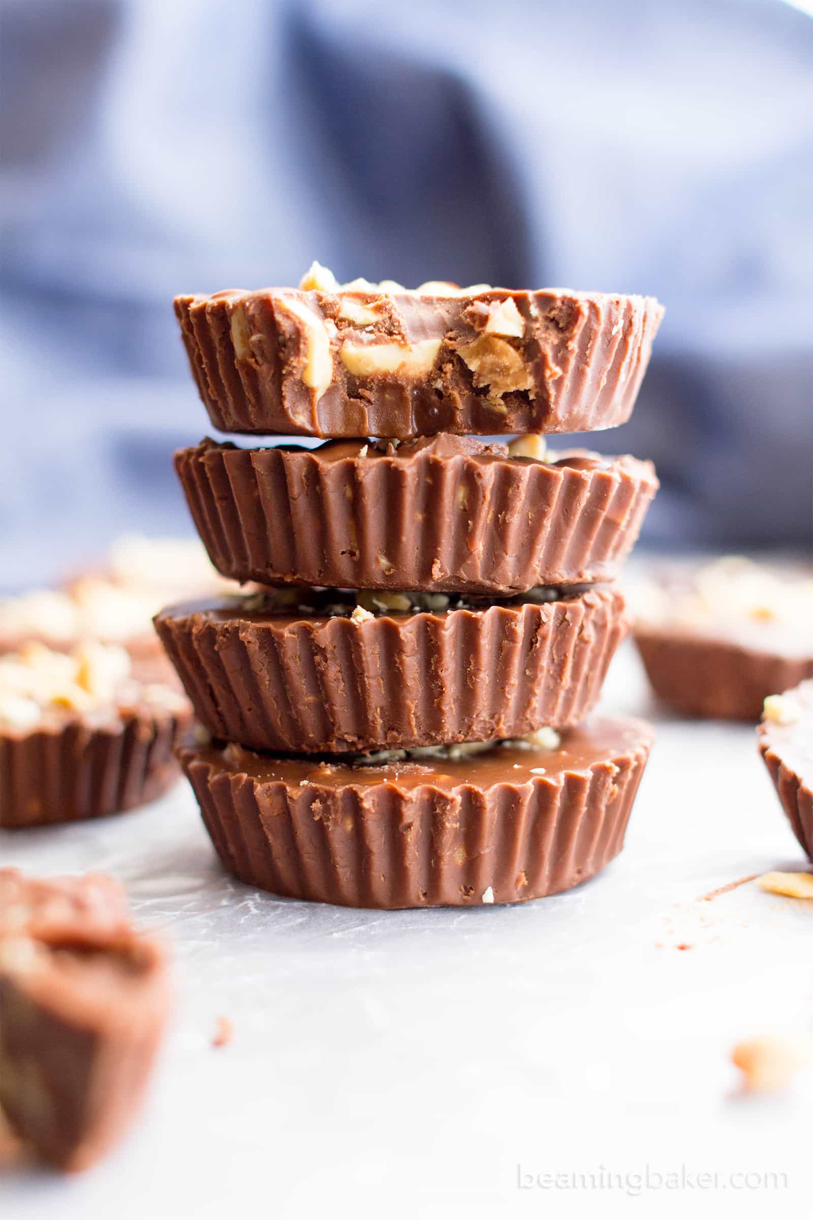 3 Ingredient Chocolate Peanut Butter Fudge Cups (V, GF): an easy, one bowl recipe for deliciously thick fudge cups bursting with peanut butter YUM. #Vegan #GlutenFree #DairyFree | BeamingBaker.com