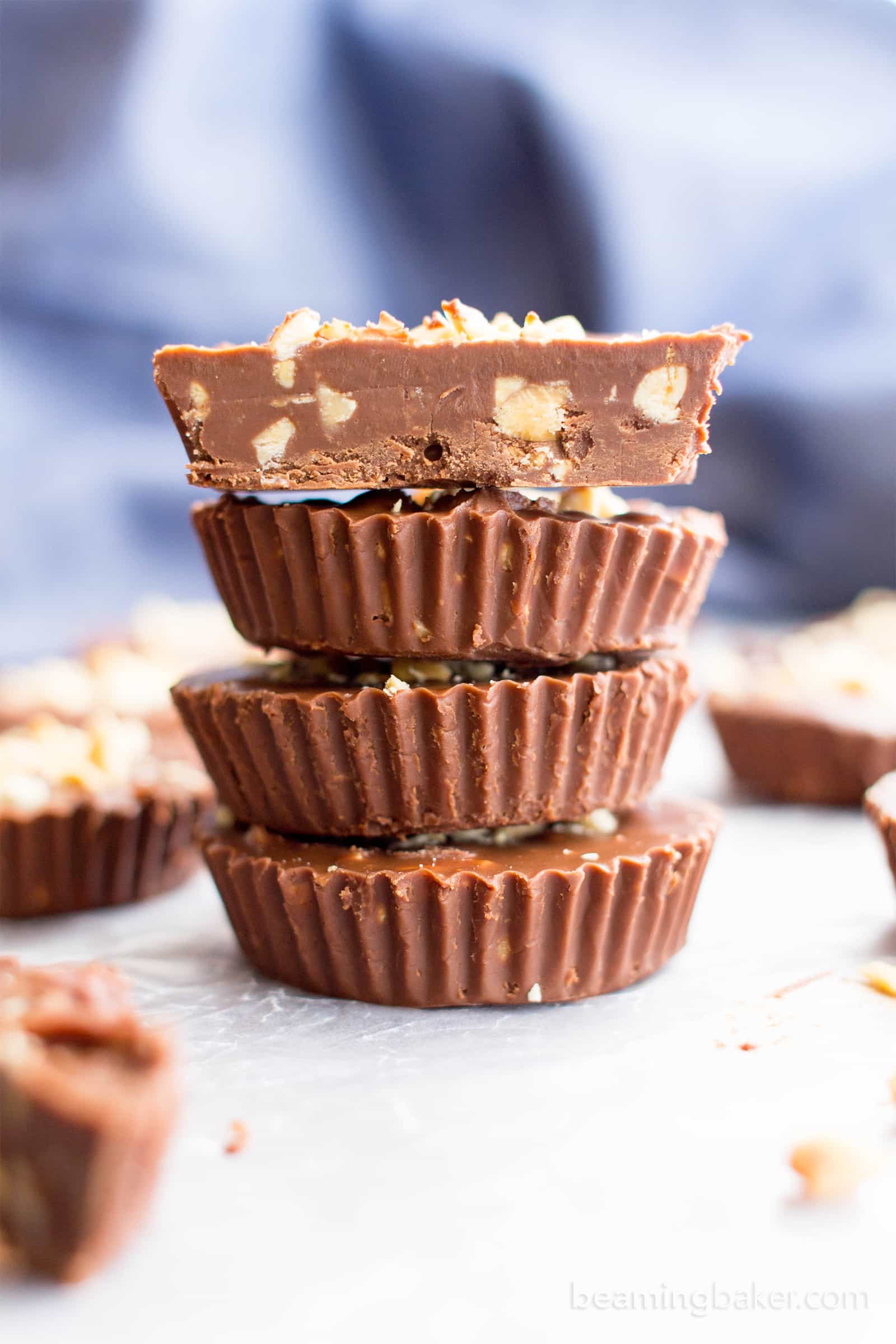 3 Ingredient Chocolate Peanut Butter Fudge Cups (V, GF): an easy, one bowl recipe for deliciously thick fudge cups bursting with peanut butter YUM. #Vegan #GlutenFree #DairyFree | BeamingBaker.com