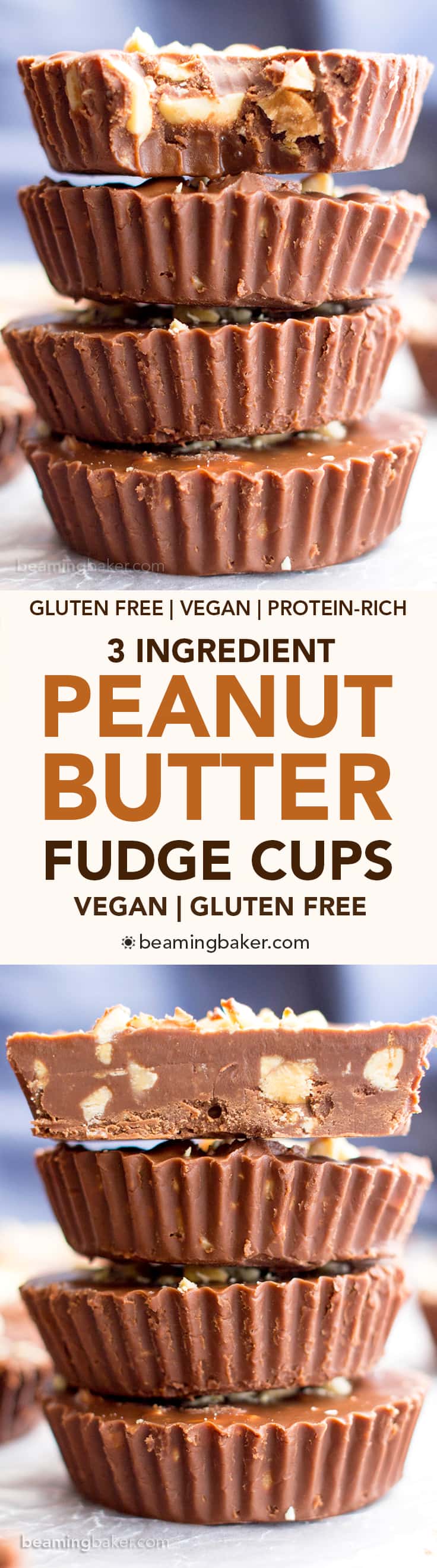 3 Ingredient Chocolate Peanut Butter Fudge Cups (V, GF): an easy, one bowl recipe for deliciously thick fudge cups bursting with peanut butter YUM. #Vegan #GlutenFree #DairyFree | BeamingBaker.com