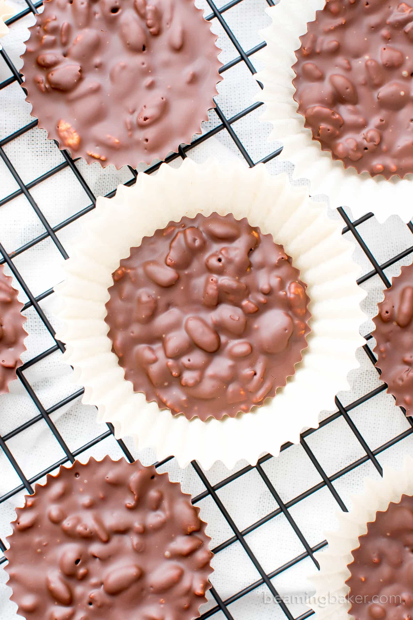 3 Ingredient Homemade Crunch Cups (V, GF): an easy, one bowl recipe for indulgently rich chocolate cups packed with crisp rice cereal. #Vegan #GlutenFree #OneBowl | BeamingBaker.com