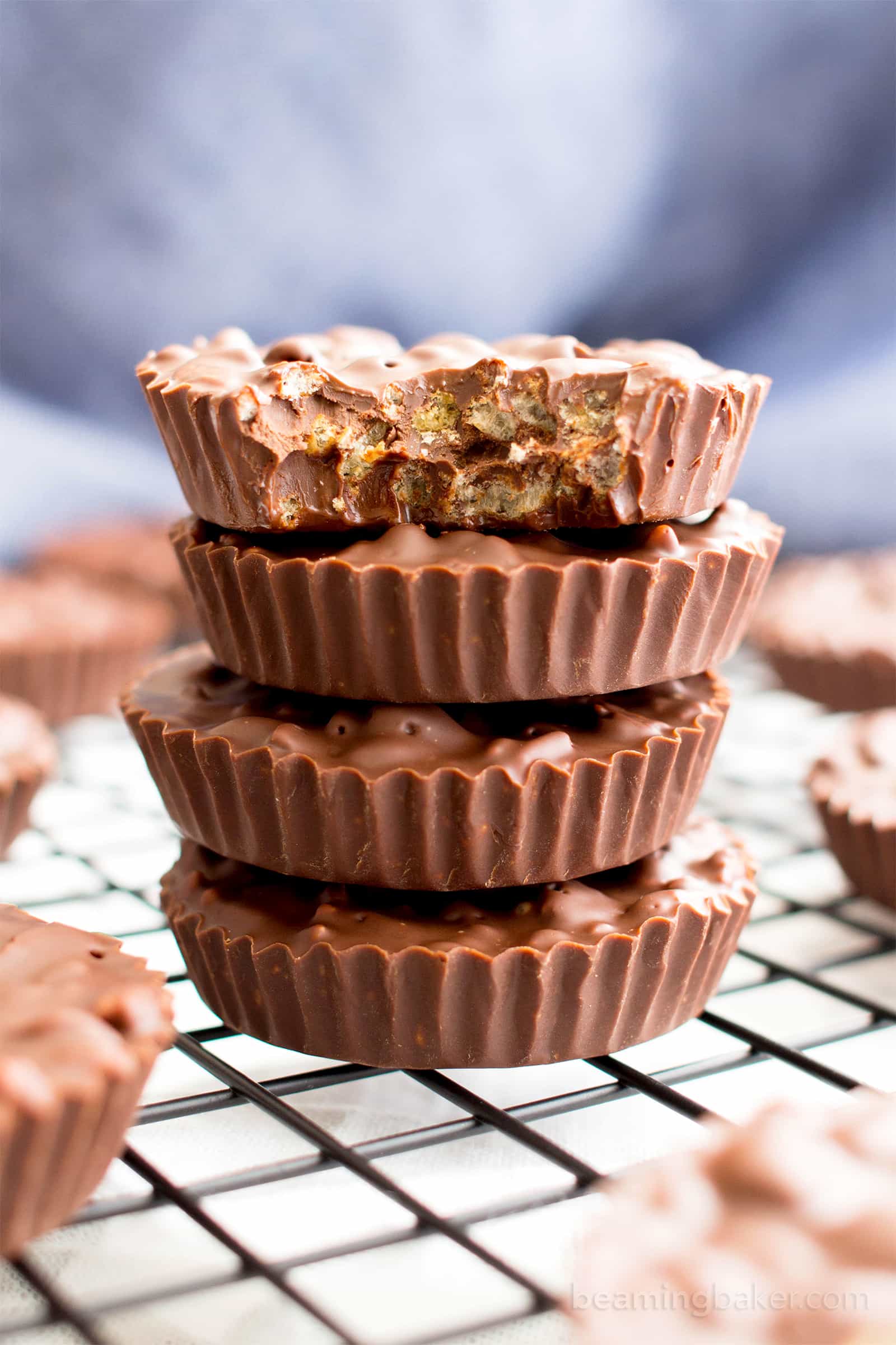 3 Ingredient Homemade Crunch Cups (V, GF): an easy, one bowl recipe for indulgently rich chocolate cups packed with crisp rice cereal. #Vegan #GlutenFree #OneBowl | BeamingBaker.com