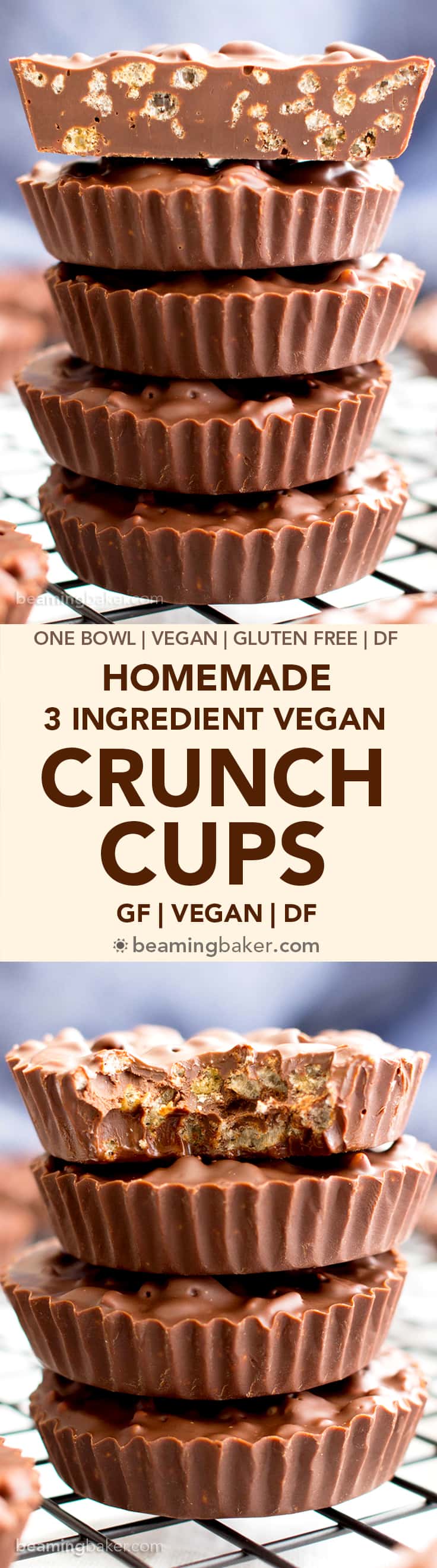 3 Ingredient Homemade Crunch Cups (V, GF): an easy, one bowl recipe for indulgently rich chocolate cups packed with crisp rice cereal. #Vegan #GlutenFree #OneBowl | BeamingBaker.com