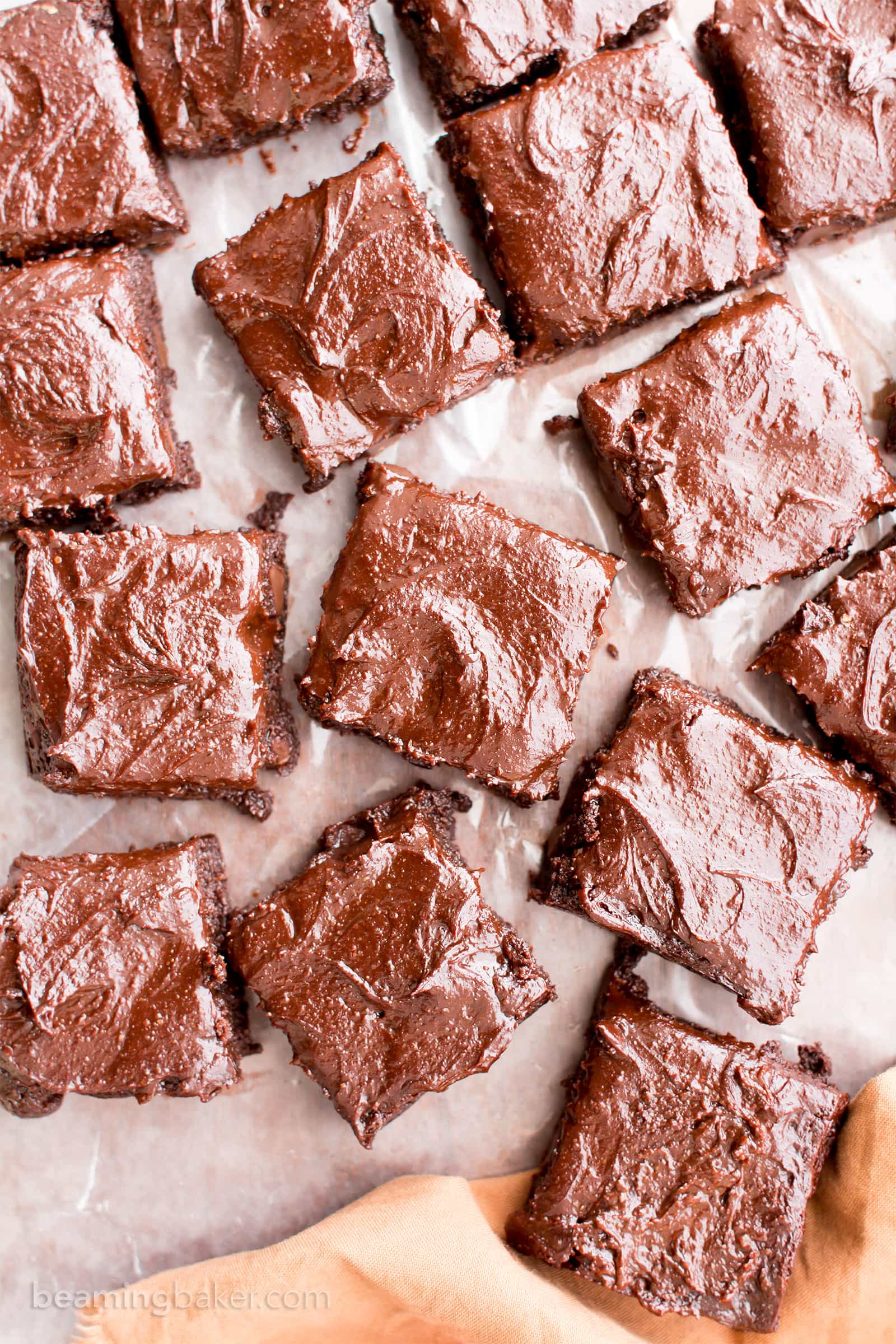 Chocolate Almond Butter Frosted Fudgy Paleo Brownies (V, GF, Paleo): a one bowl recipe for seriously fudgy paleo brownies topped with rich chocolate almond butter frosting! #Vegan #Paleo #GlutenFree #DairyFree | BeamingBaker.com