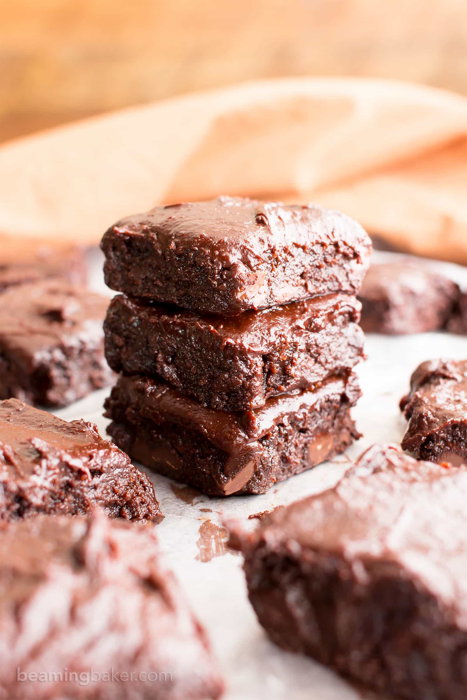 Chocolate Almond Butter Frosted Fudgy Paleo Brownies (V, GF, Paleo): a one bowl recipe for seriously fudgy paleo brownies topped with rich chocolate almond butter frosting! #Vegan #Paleo #GlutenFree #DairyFree | BeamingBaker.com