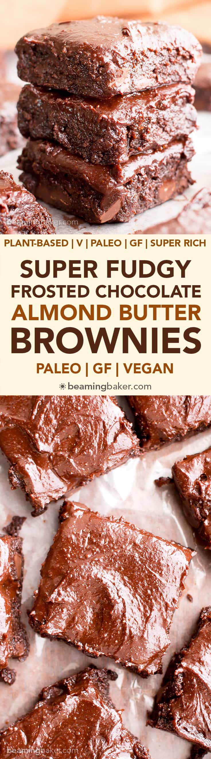 Chocolate Almond Butter Frosted Fudgy Paleo Brownies (V, GF, Paleo): a one bowl recipe for seriously fudgy paleo brownies topped with rich chocolate almond butter frosting! #Vegan #Paleo #GlutenFree #DairyFree | BeamingBaker.com