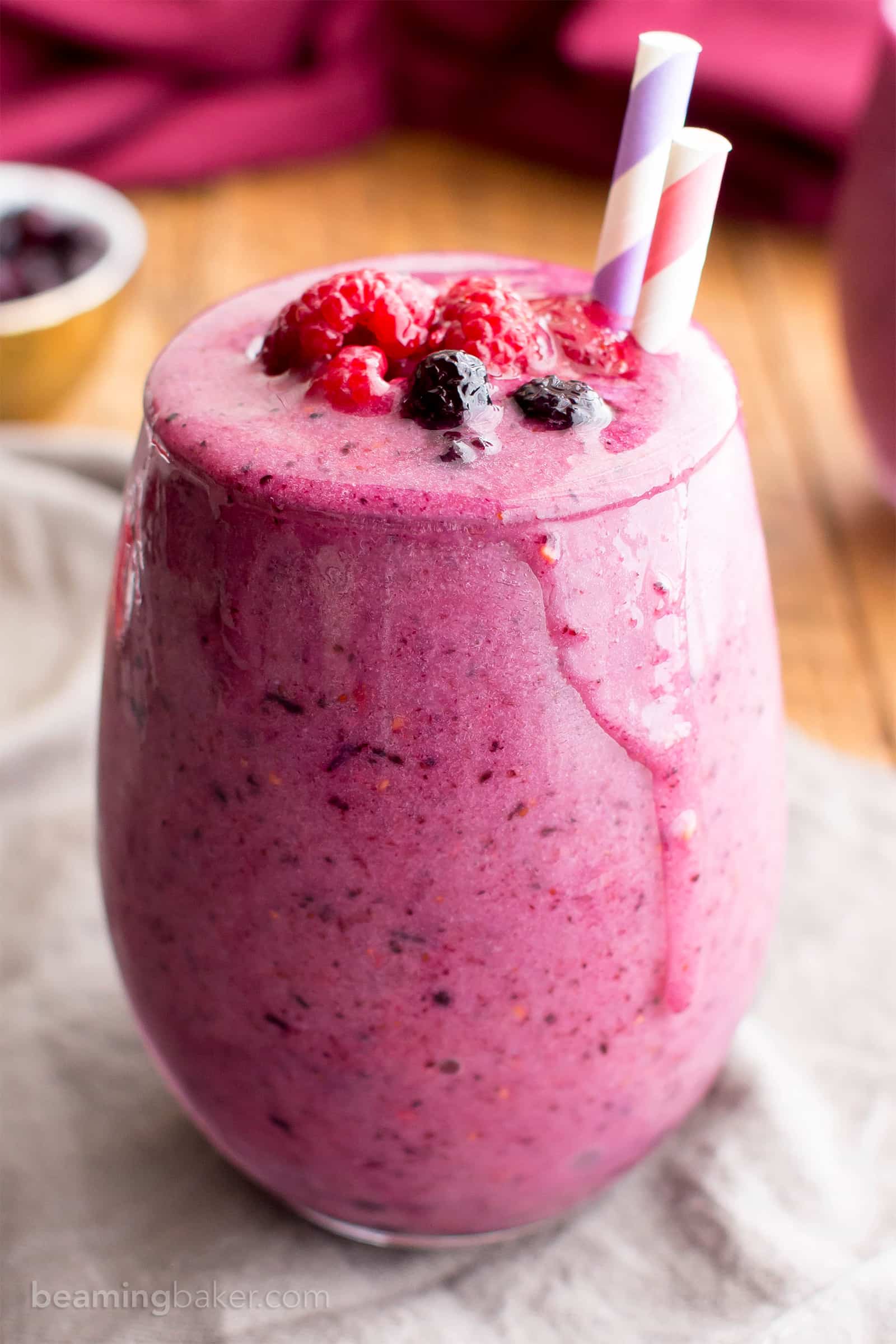 Triple Berry Smoothie (Paleo, V, GF): an easy, antioxidant-rich recipe for thick, refreshing smoothies packed with three kinds of berries! #Paleo #Vegan #GlutenFree | BeamingBaker.com