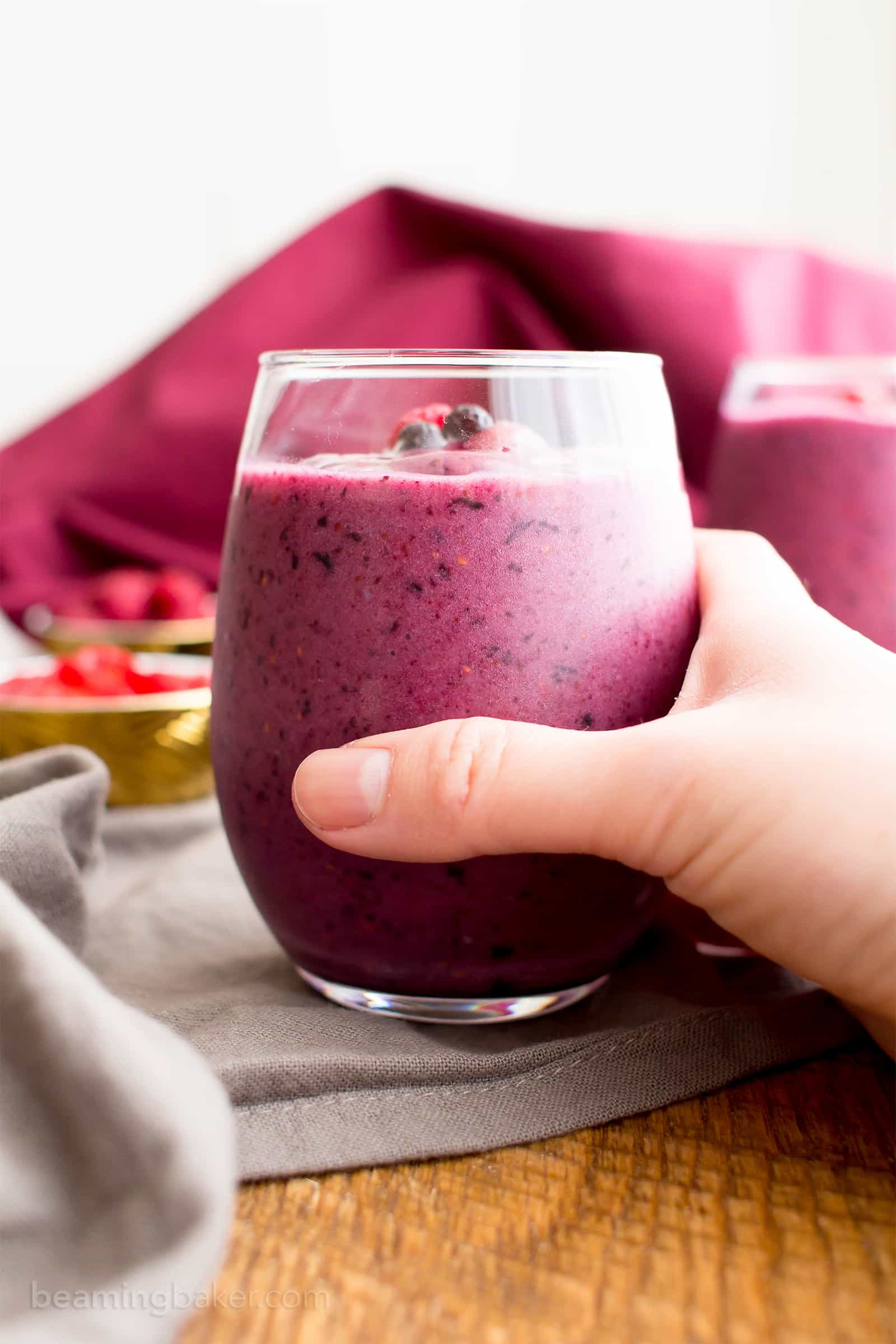 Triple Berry Smoothie (Paleo, V, GF): an easy, antioxidant-rich recipe for thick, refreshing smoothies packed with three kinds of berries! #Paleo #Vegan #GlutenFree | BeamingBaker.com