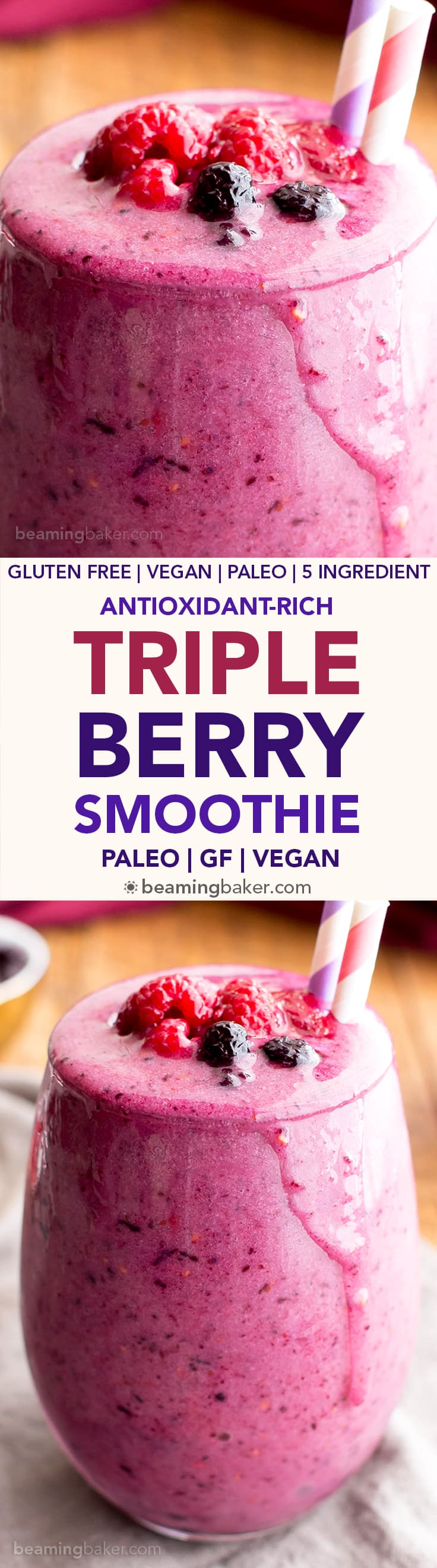 Triple Berry Smoothie (Paleo, V, GF): an easy, antioxidant-rich recipe for thick, refreshing smoothies packed with three kinds of berries! #Paleo #Vegan #GlutenFree | BeamingBaker.com