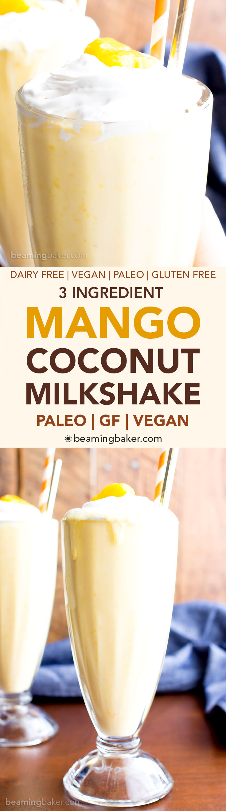 3 Ingredient Mango Coconut Paleo Milkshake (V, GF, Paleo): an easy, 3 ingredient recipe for super thick and frosty mango coconut milkshakes! #Paleo #Vegan #DairyFree #GlutenFree | BeamingBaker.com