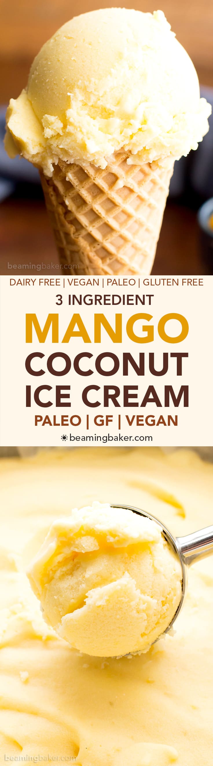 Homemade Mango Ice Cream: this 3 ingredient mango ice cream recipe is super EASY! 5 mins of prep for the best mango ice cream: rich & creamy with big mango flavor! Vegan, Dairy-Free, Healthy. #Mango #IceCream #Vegan #DairyFree | Recipe at BeamingBaker.com