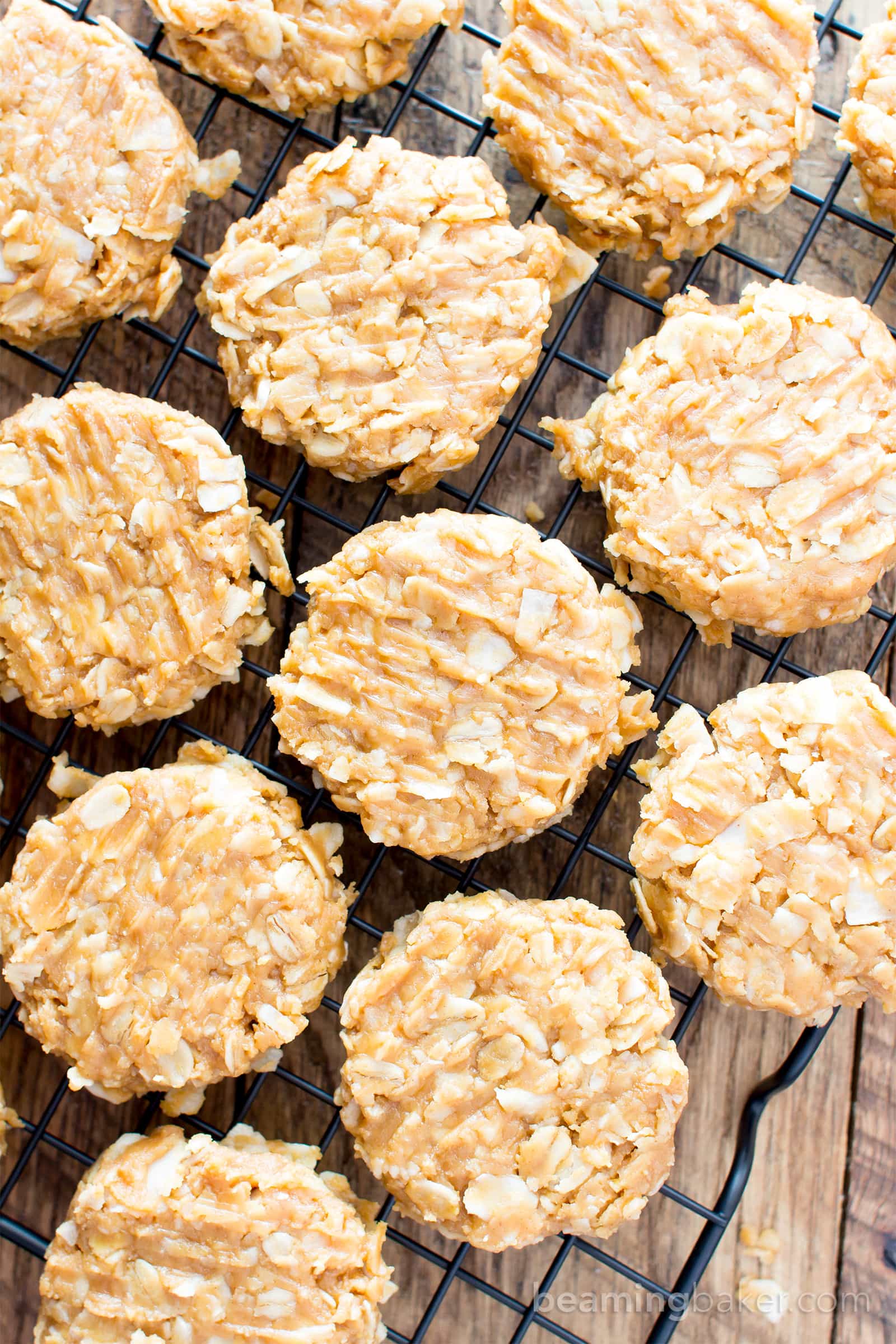 4 Ingredient No Bake Peanut Butter Coconut Oatmeal Cookies (V, GF): a one-bowl recipe for super easy to make peanut butter cookies packed with coconut and oats! #GlutenFree #Vegan #WholeGrain #RefinedSugarFree | BeamingBaker.com