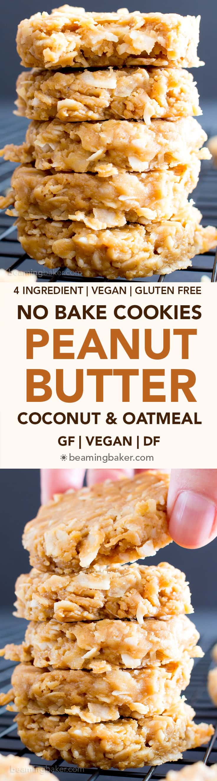 4 Ingredient No Bake Peanut Butter Coconut Oatmeal Cookies (V, GF): a one-bowl recipe for super easy to make peanut butter cookies packed with coconut and oats! #GlutenFree #Vegan #WholeGrain #RefinedSugarFree | BeamingBaker.com