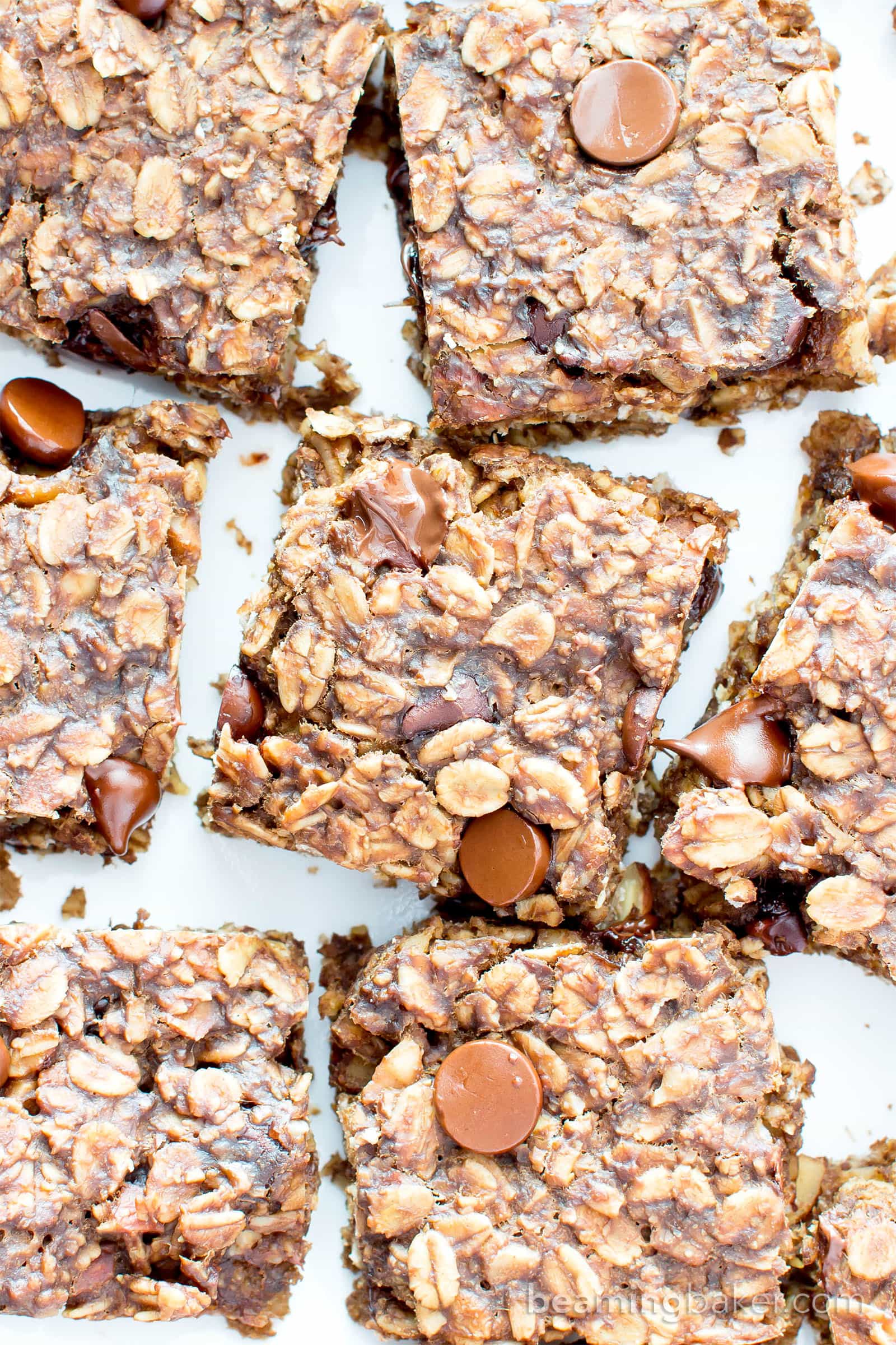 Gluten Free Chocolate Chocolate Chip Oatmeal Banana Breakfast Bars (V, GF): a one bowl recipe for whole ingredient breakfast bars bursting with double the chocolate. #Vegan #GlutenFree #DairyFree #WholeGrain | BeamingBaker.com