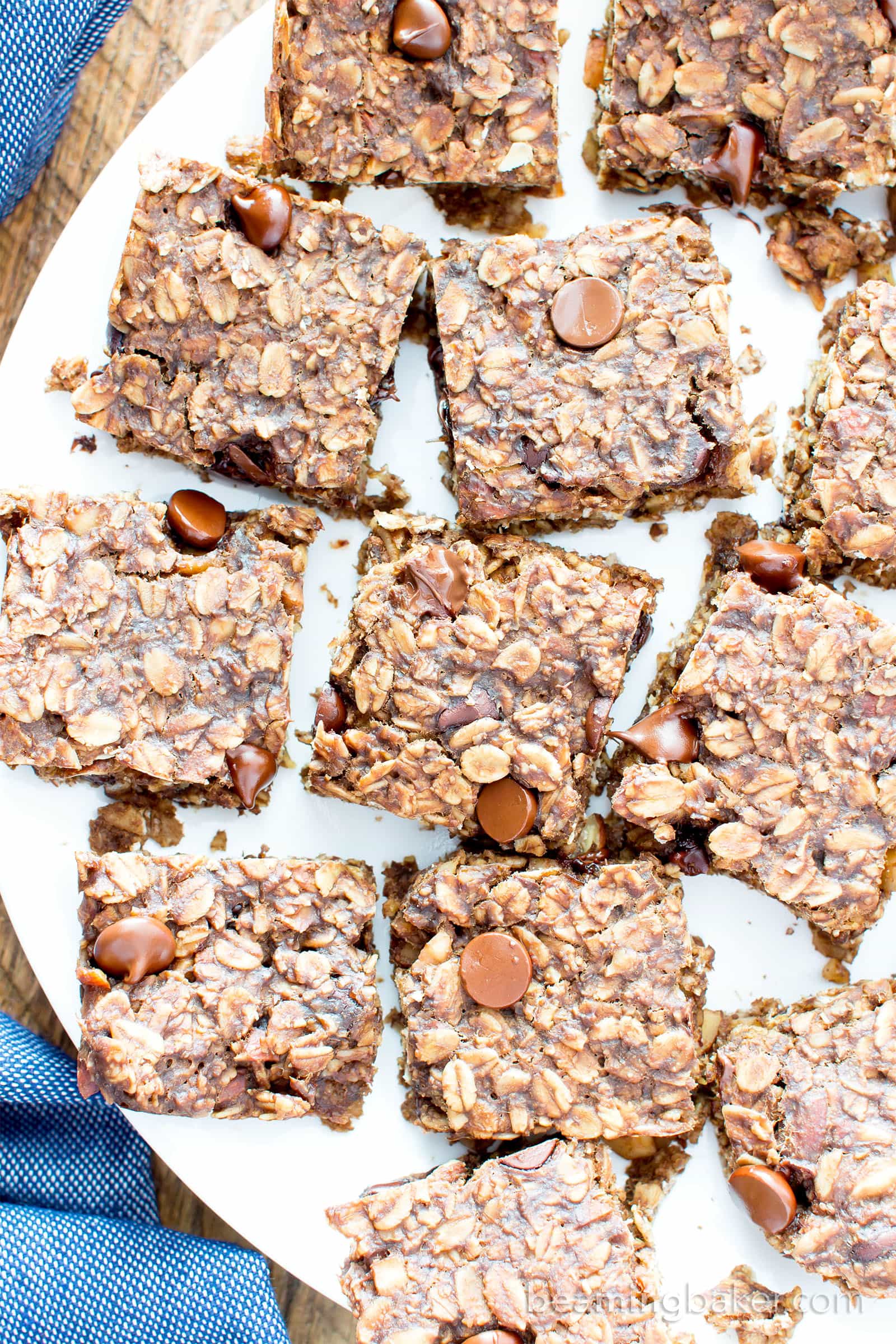 Gluten Free Chocolate Chocolate Chip Oatmeal Banana Breakfast Bars (V, GF): a one bowl recipe for whole ingredient breakfast bars bursting with double the chocolate. #Vegan #GlutenFree #DairyFree #WholeGrain | BeamingBaker.com