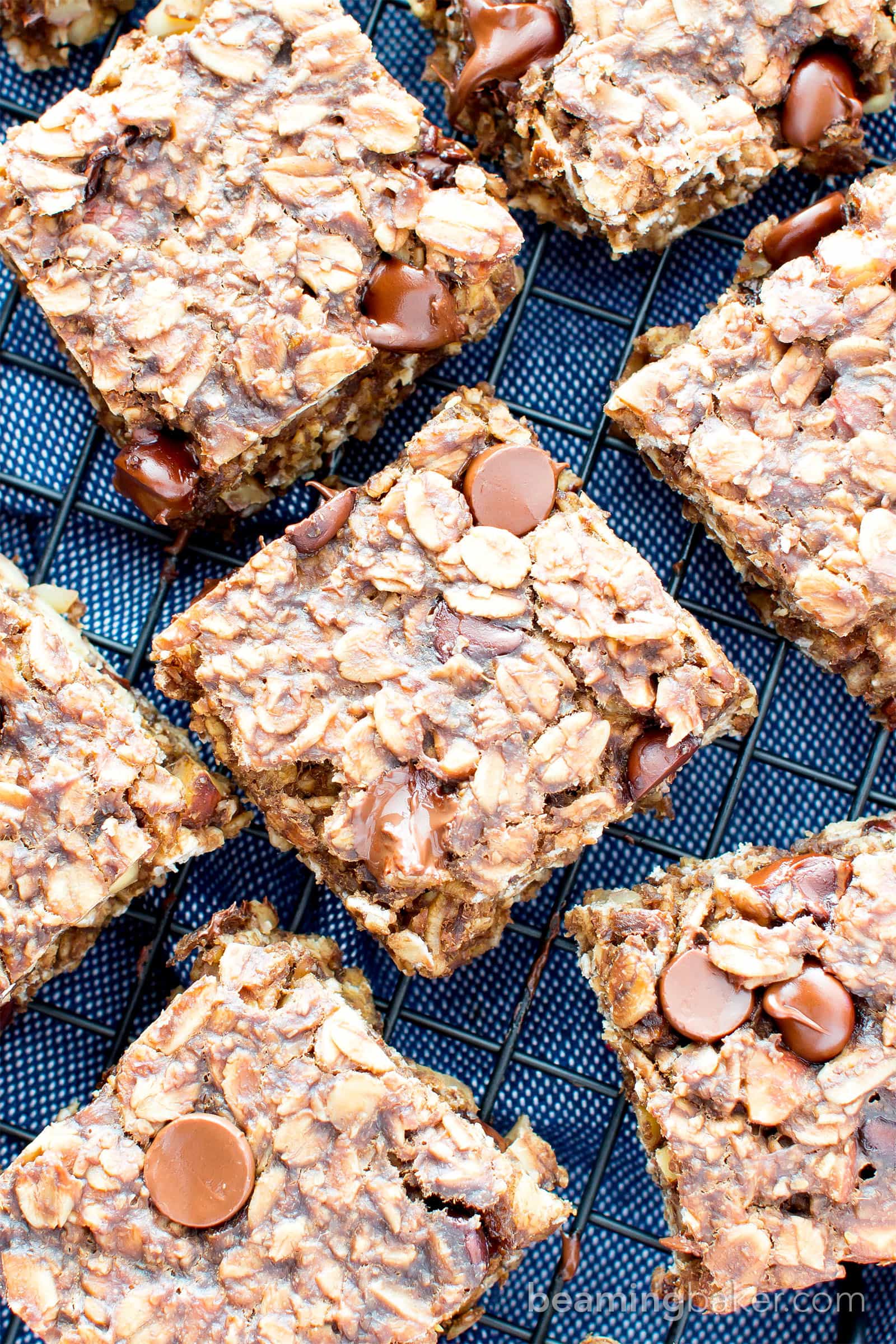 Gluten Free Chocolate Chocolate Chip Oatmeal Banana Breakfast Bars (V, GF): a one bowl recipe for whole ingredient breakfast bars bursting with double the chocolate. #Vegan #GlutenFree #DairyFree #WholeGrain | BeamingBaker.com