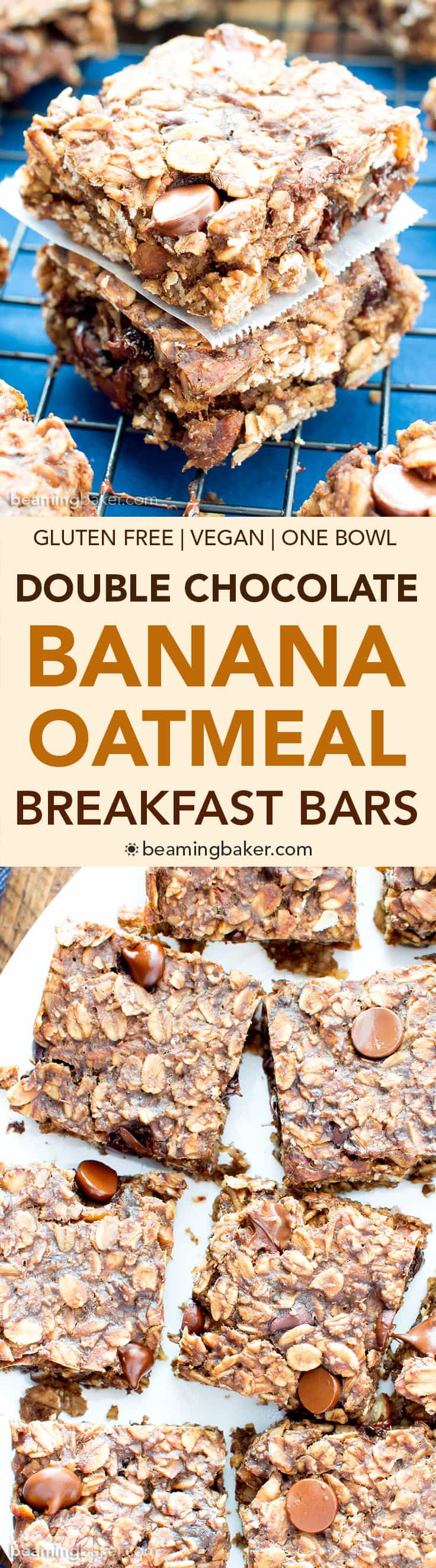 Gluten Free Chocolate Chocolate Chip Oatmeal Banana Breakfast Bars (V, GF): a one bowl recipe for whole ingredient breakfast bars bursting with double the chocolate. #Vegan #GlutenFree #DairyFree #WholeGrain | BeamingBaker.com