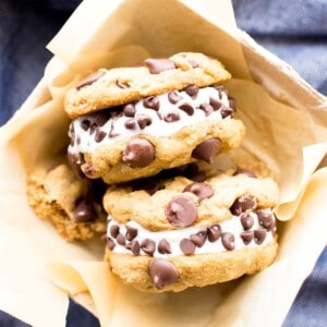 Gluten Free Vegan Chocolate Chip Ice Cream Sandwiches (V, GF): a plant-based recipe for thick, creamy ice cream sandwiches made with chocolate chip cookies! #Vegan #GlutenFree #DairyFree | BeamingBaker.com