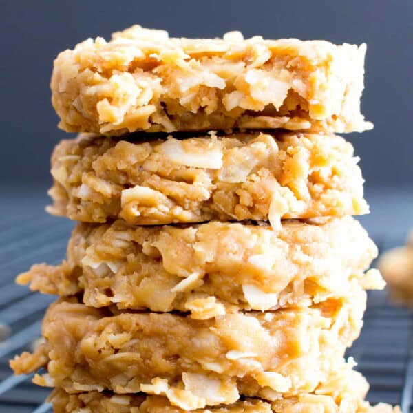 4 Ingredient No Bake Peanut Butter Coconut Oatmeal Cookies (V, GF): a one-bowl recipe for super easy to make peanut butter cookies packed with coconut and oats! #GlutenFree #Vegan #WholeGrain #RefinedSugarFree | BeamingBaker.com